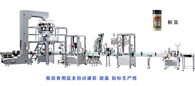 塑料瓶装调味盐全自动灌装生产线整机展示